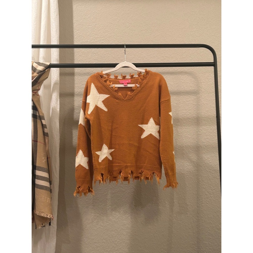 Say What? Girls Dark Yellow Star Print Distressed V-Neck Knit Sweater M/L